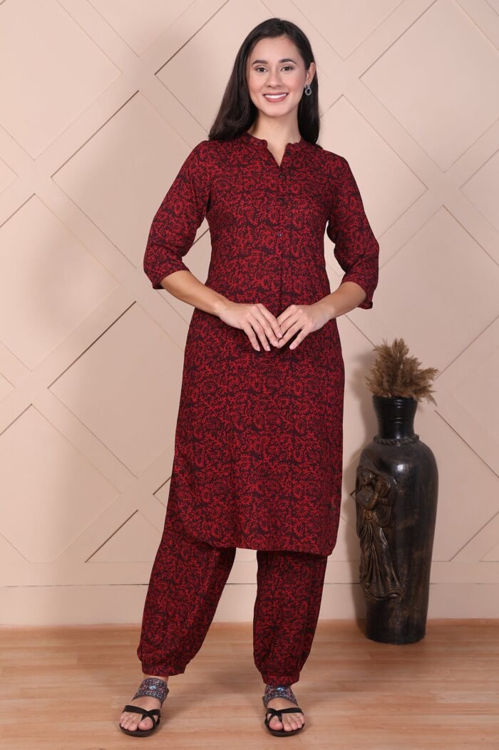Red Floral Printed Modal Straight Kurta and Salwar Set