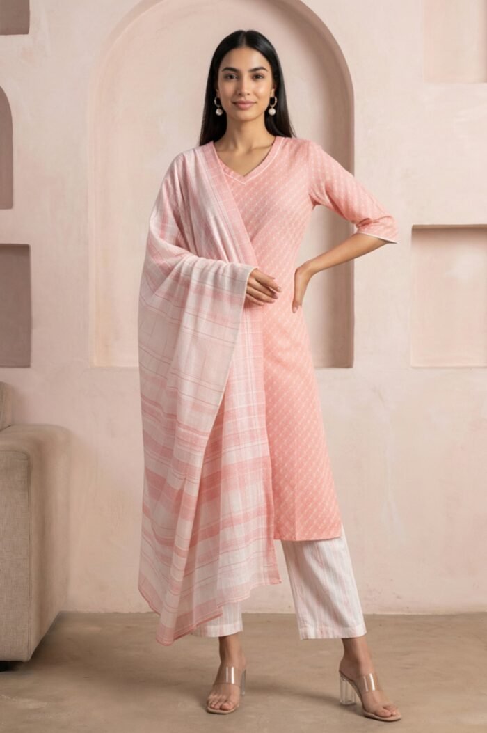 Peach Yarn Dyed Pure Cotton Straight Kurta with Palazzo and Dupatta Set