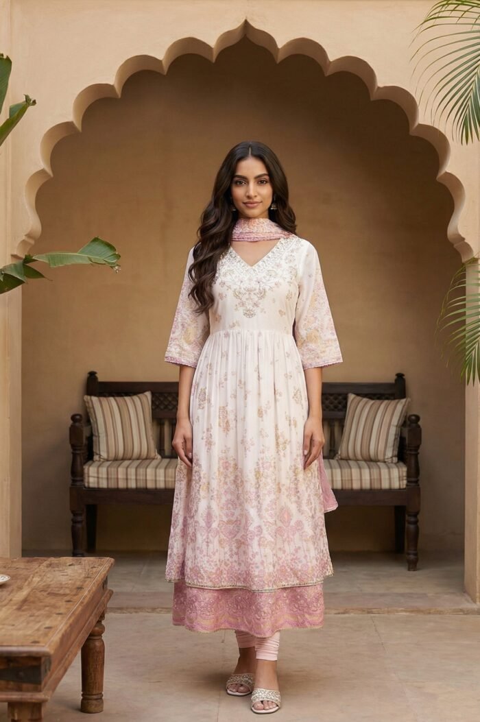 White Floral Foil Printed Pure Cotton Anarkali Kurta With Leggings And Dupatta Set