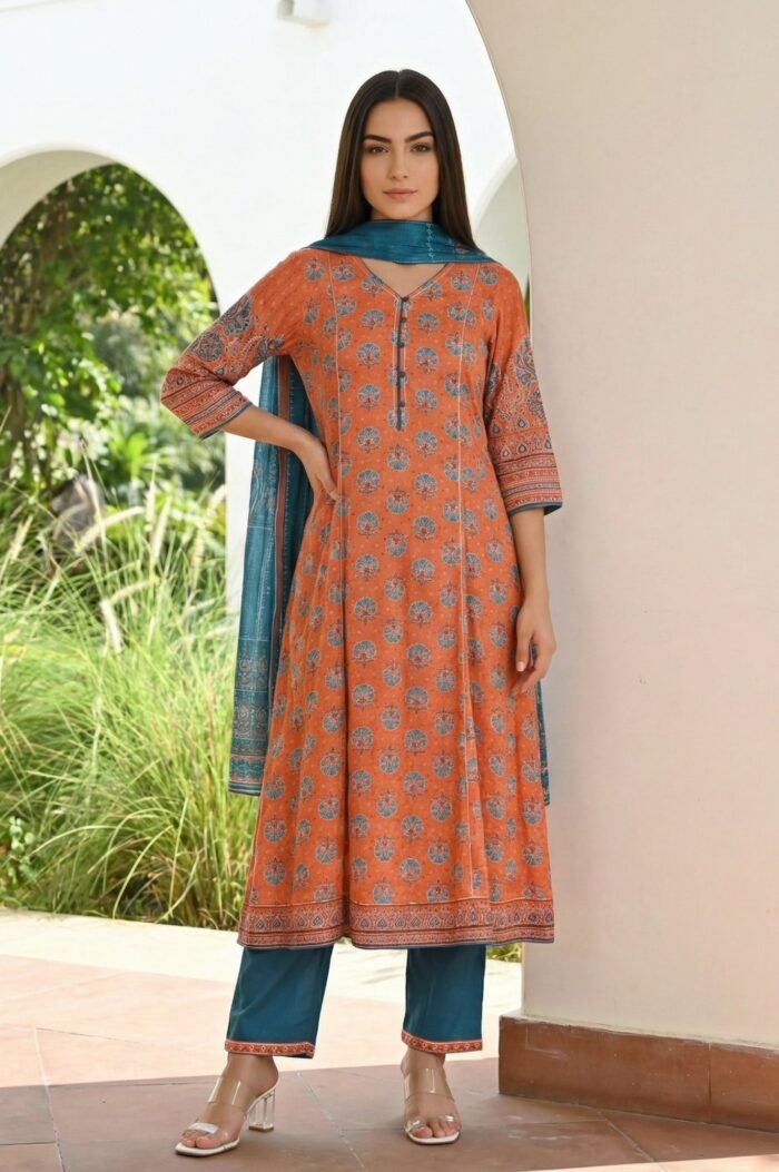 Orange Floral Printed Straight Kurta with Trouser and Dupatta Set