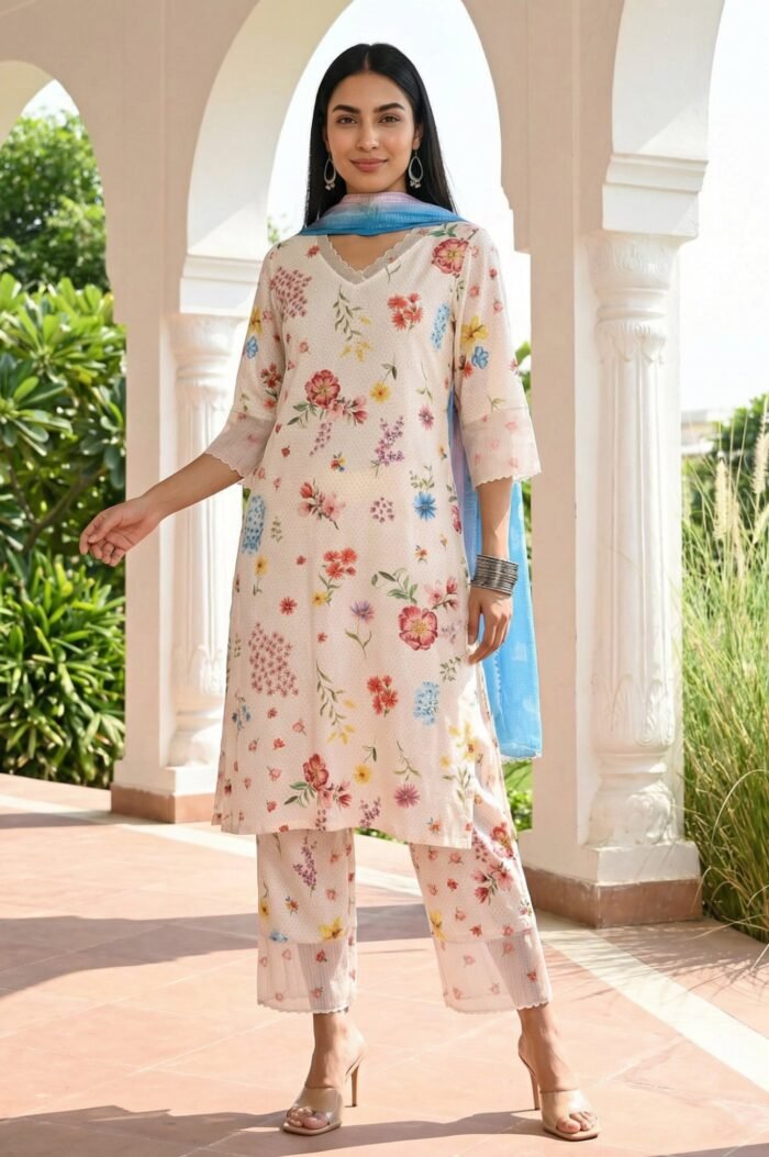 Off White Floral Printed Rayon Straight Kurta with Palazzo and Dupatta Set
