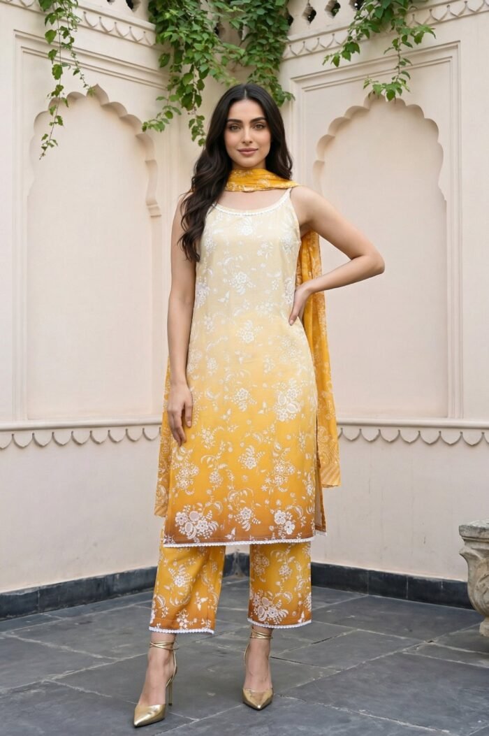 Mustard Floral Printed Lace Straight Kurta with Palazzo and Dupatta Set