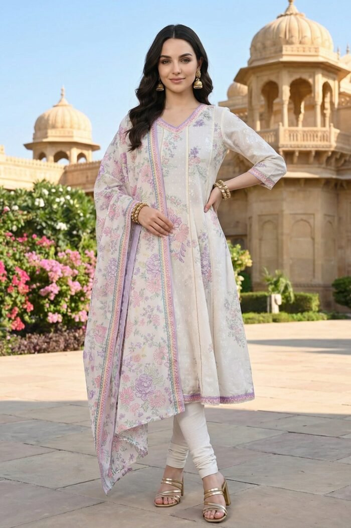 Off White Floral Printed Lace Cotton Blend Anarkali Kurta with Leggings and Dupatta Set