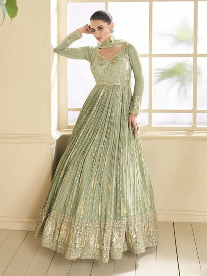 Silk Jacquard Festive Semi Stitched Gown in Green with Zari work-750062
