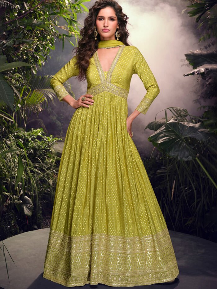 Simar Jacquard Festive Readymade Gown in Beig with Zari work-750057