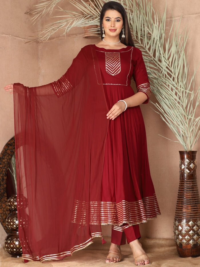 Maroon Anarkali Rayon Kurta Pant Set with Chiffon Dupatta ?3 Piece Salwar Kameez-750066