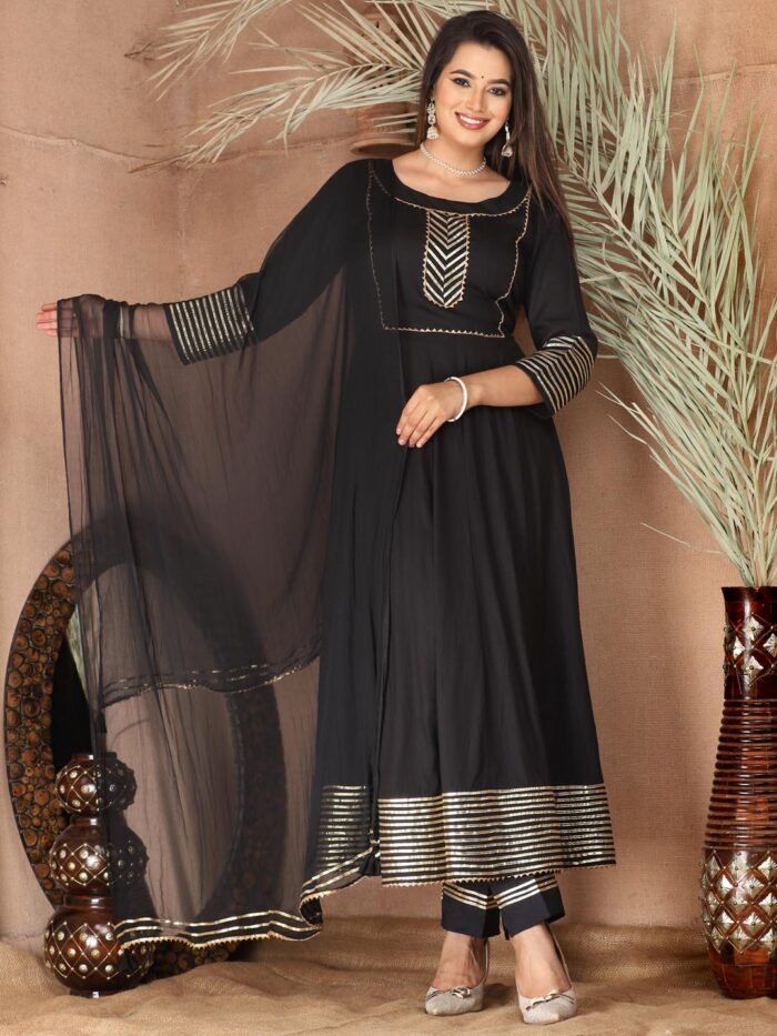 Black Anarkali Rayon Kurta Pant Set with Chiffon Dupatta ?3 Piece Salwar Kameez-750067