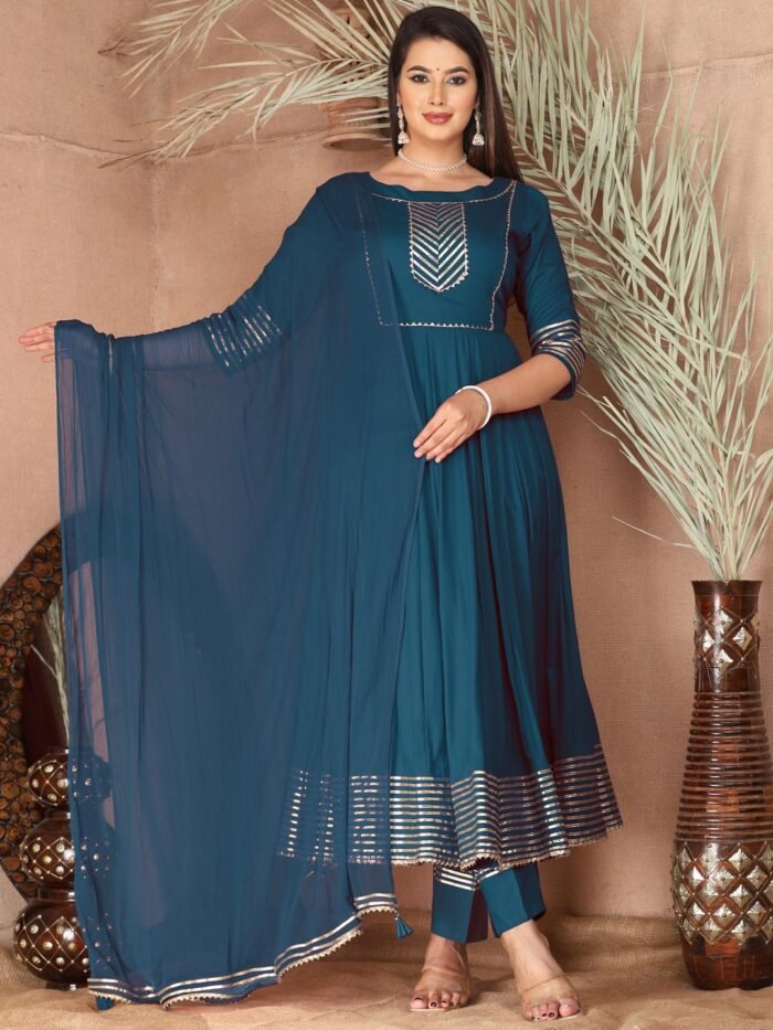 Blue Anarkali Rayon Kurta Pant Set with Chiffon Dupatta ?3 Piece Salwar Kameez-750068