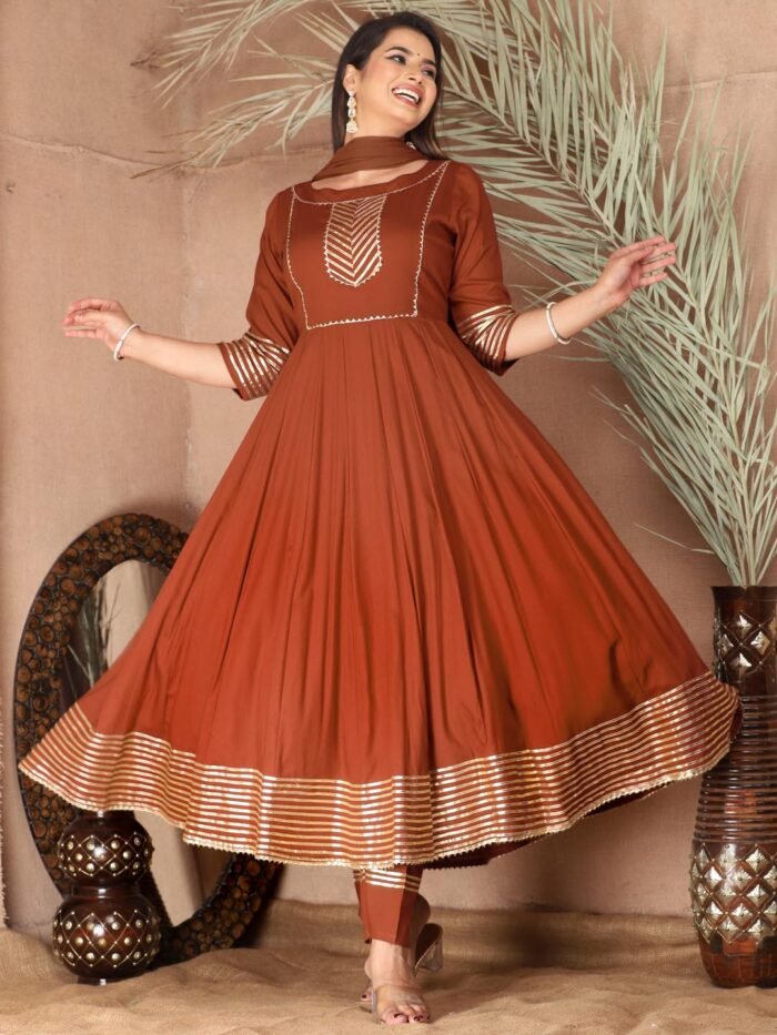 Brown Anarkali Rayon Kurta Pant Set with Chiffon Dupatta ?3 Piece Salwar Kameez-750069 (Copy)