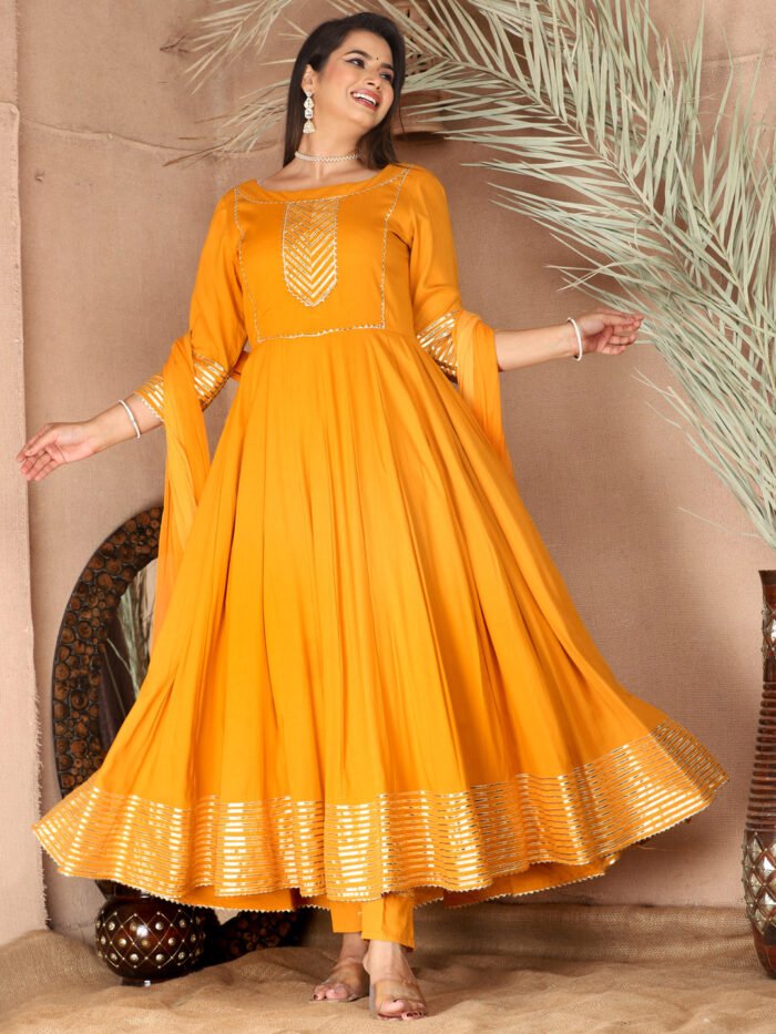Orange Anarkali Rayon Kurta Pant Set with Chiffon Dupatta ?3 Piece Salwar Kameez-750070