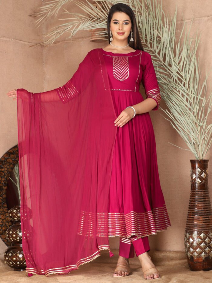 Pink Anarkali Rayon Kurta Pant Set with Chiffon Dupatta ?3 Piece Salwar Kameez-750071
