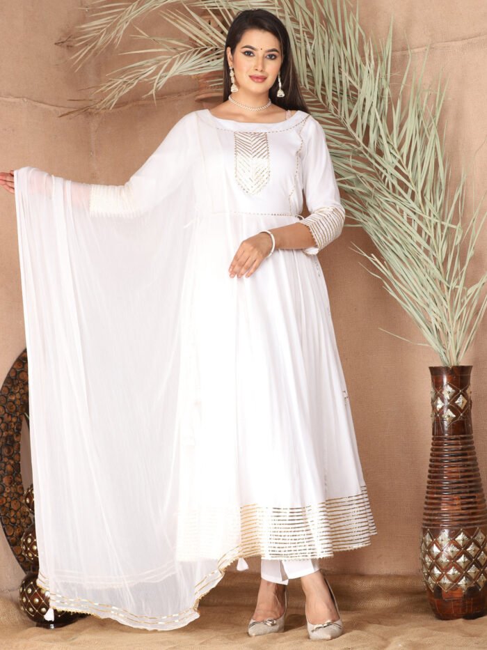 White Anarkali Rayon Kurta Pant Set with Chiffon Dupatta ?3 Piece Salwar Kameez-750072