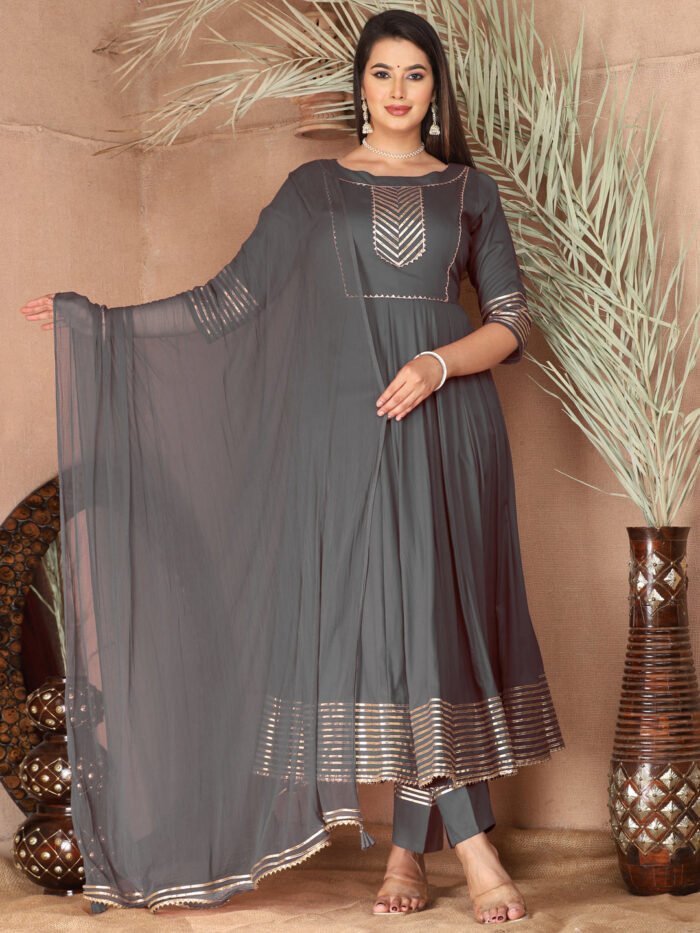 Grey Anarkali Rayon Kurta Pant Set with Chiffon Dupatta ?3 Piece Salwar Kameez-750073