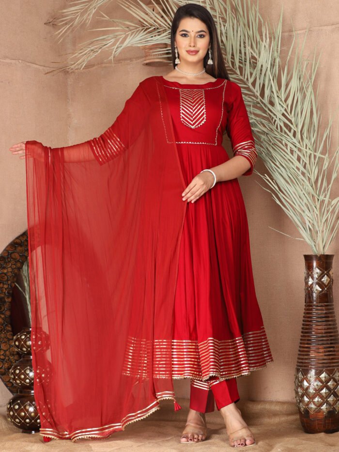 Red Anarkali Rayon Kurta Pant Set with Chiffon Dupatta ?3 Piece Salwar Kameez
