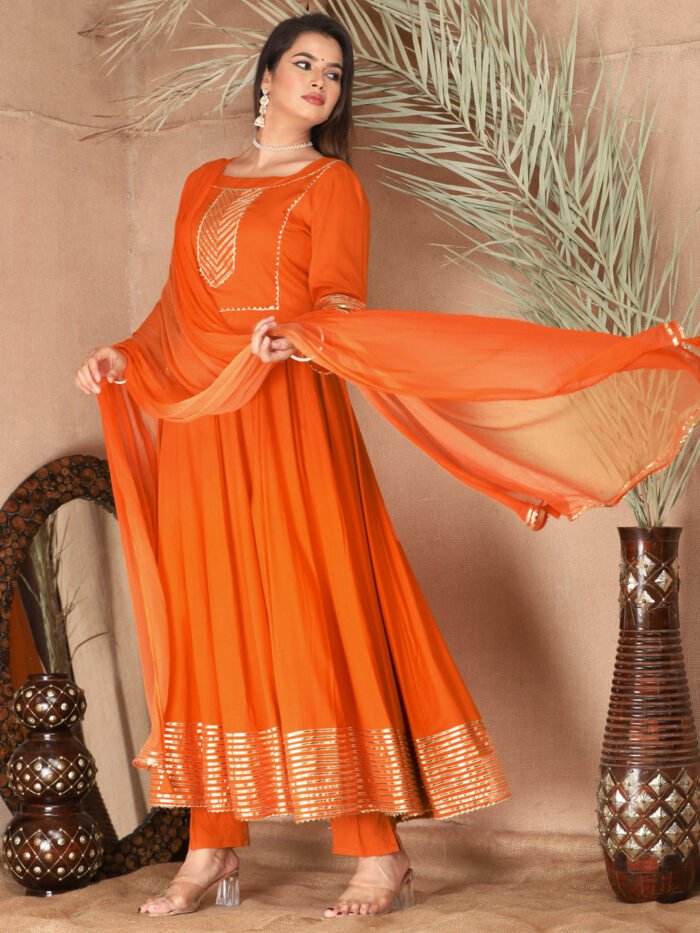 Orange Anarkali Rayon Kurta Pant Set with Chiffon Dupatta ?3 Piece Salwar Kameez-750074