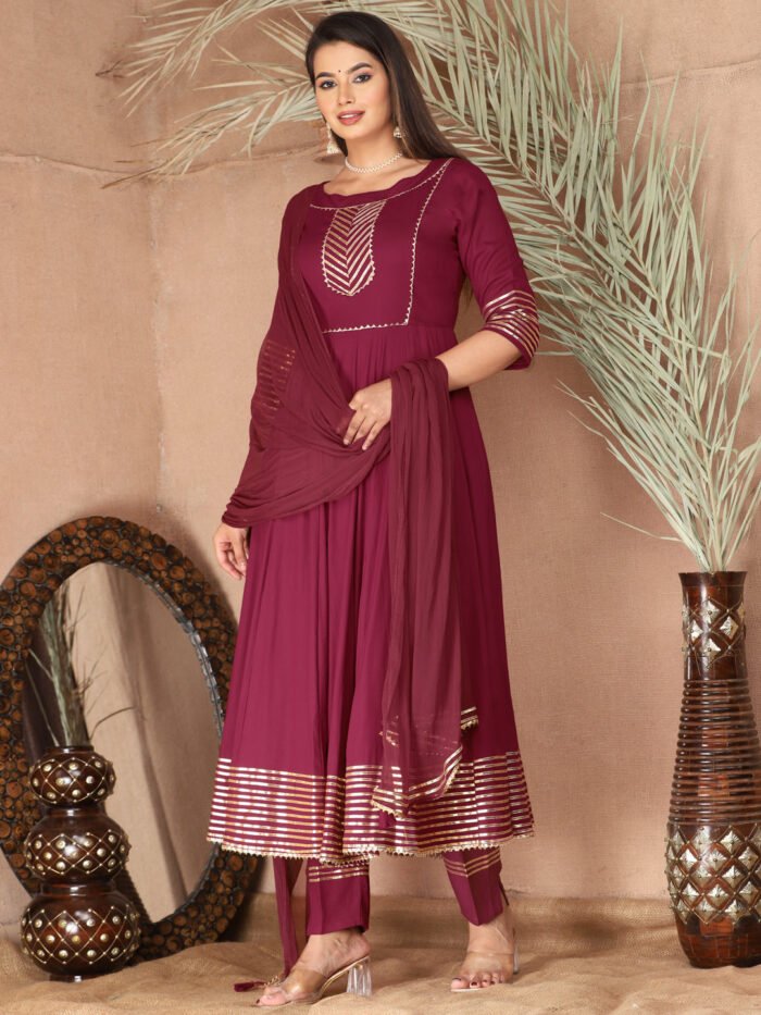 Purple Anarkali Rayon Kurta Pant Set with Chiffon Dupatta ?3 Piece Salwar Kameez-750075
