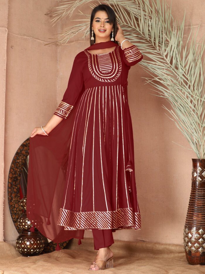 Maroon Gota Patti Work Anarkali Primum Rayon Kurta Pant Set with Chiffon Dupatta ?3 Piece Salwar Kameez