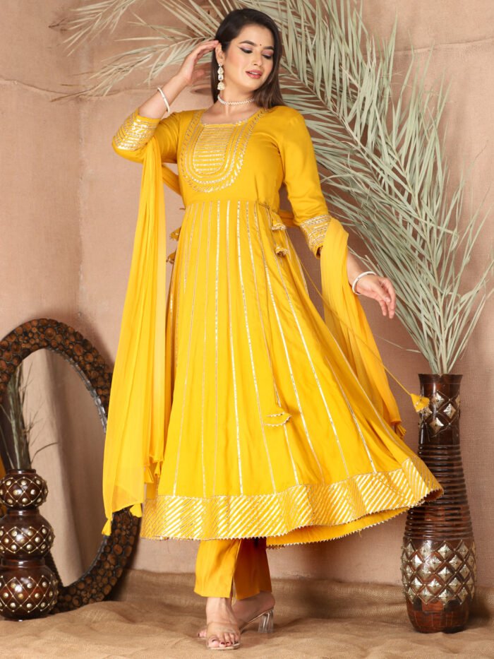Yellow Gota Patti Work Anarkali Primum Rayon Kurta Pant Set with Chiffon Dupatta ?3 Piece Salwar Kameez-750080