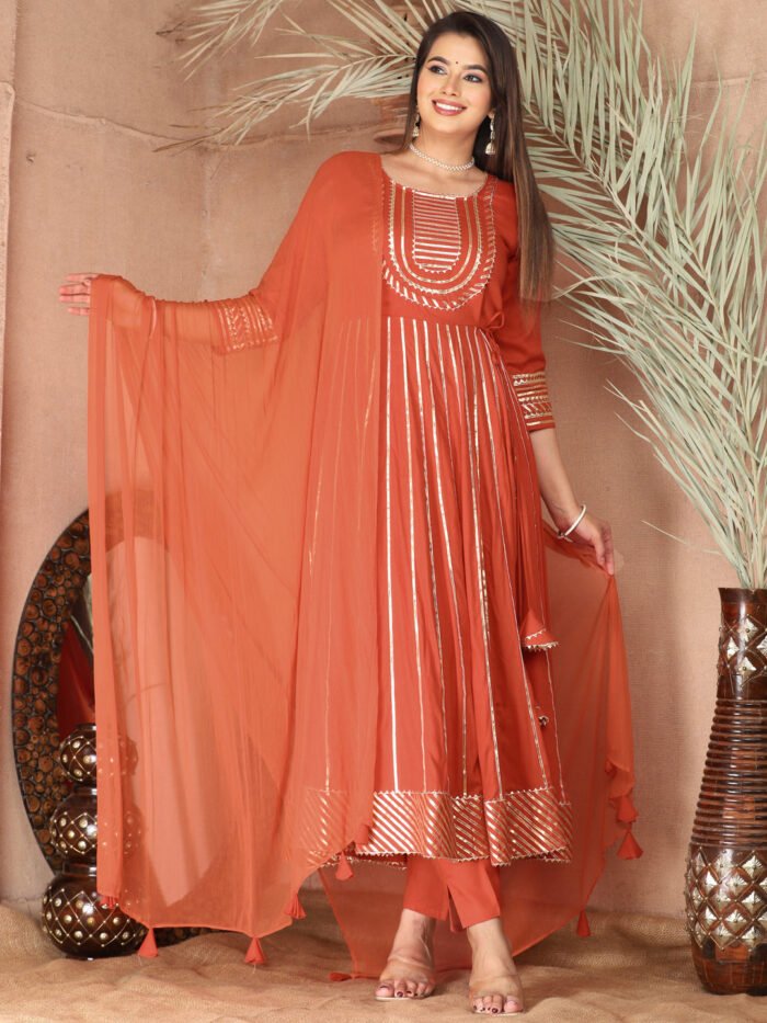Orange Gota Patti Work Anarkali Primum Rayon Kurta Pant Set with Chiffon Dupatta ?3 Piece Salwar Kameez-750081