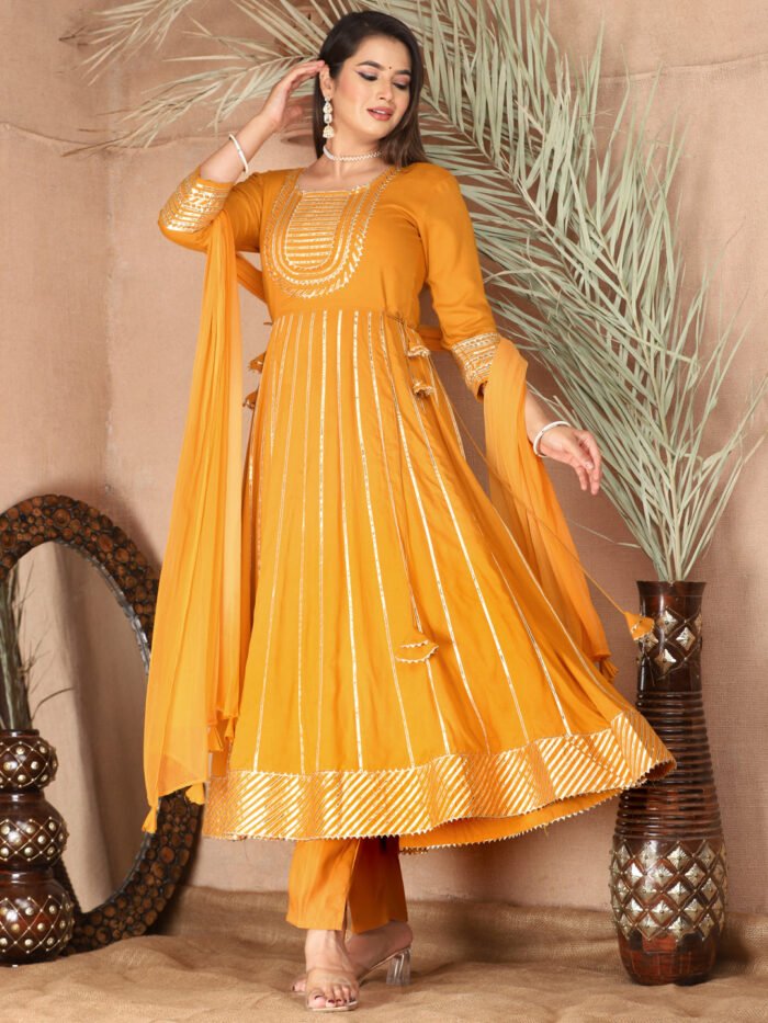 mustard Gota Patti Work Anarkali Primum Rayon Kurta Pant Set with Chiffon Dupatta ?3 Piece Salwar Kameez-750082