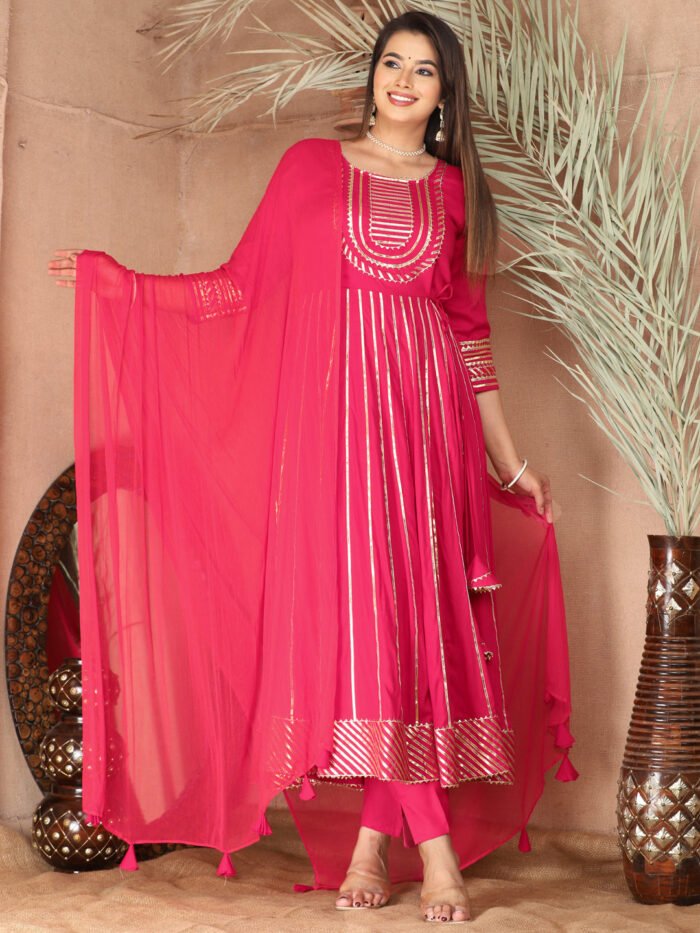 Pink Gota Patti Work Anarkali Primum Rayon Kurta Pant Set with Chiffon Dupatta ?3 Piece Salwar Kameez-750083