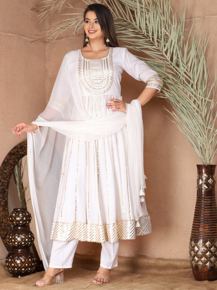 White Gota Patti Work Anarkali Primum Rayon Kurta Pant Set with Chiffon Dupatta ?3 Piece Salwar Kameez-750084
