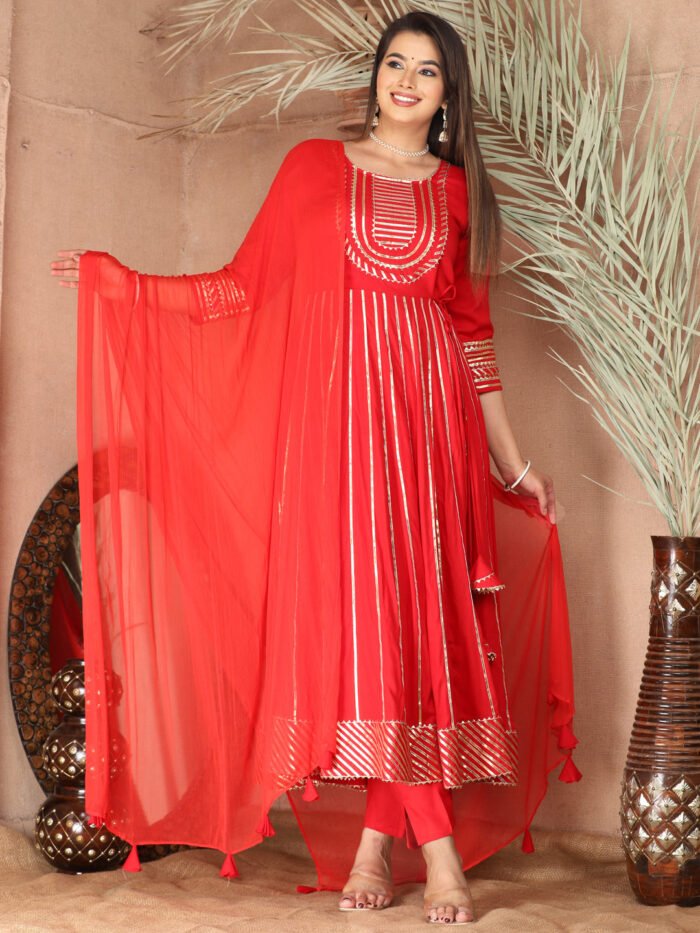 Red Gota Patti Work Anarkali Primum Rayon Kurta Pant Set with Chiffon Dupatta ?3 Piece Salwar Kameez-750085
