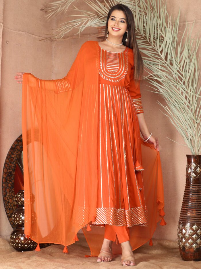 Orange Gota Patti Work Anarkali Primum Rayon Kurta Pant Set with Chiffon Dupatta ?3 Piece Salwar Kameez-750086