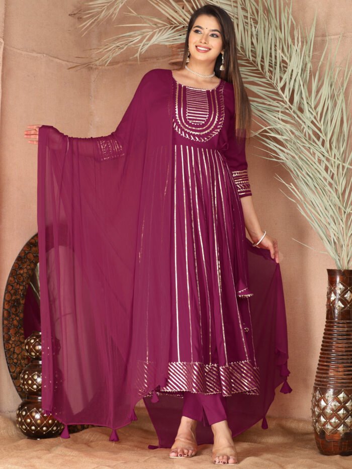 Purple Gota Patti Work Anarkali Primum Rayon Kurta Pant Set with Chiffon Dupatta ?3 Piece Salwar Kameez-750087