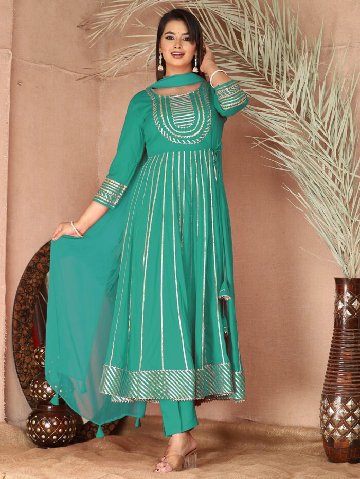 turquoise Gota Patti Work Anarkali Primum Rayon Kurta Pant Set with Chiffon Dupatta ?3 Piece Salwar Kameez-750088