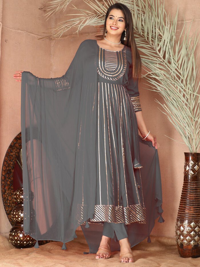 Grey Gota Patti Work Anarkali Primum Rayon Kurta Pant Set with Chiffon Dupatta ?3 Piece Salwar Kameez-750089