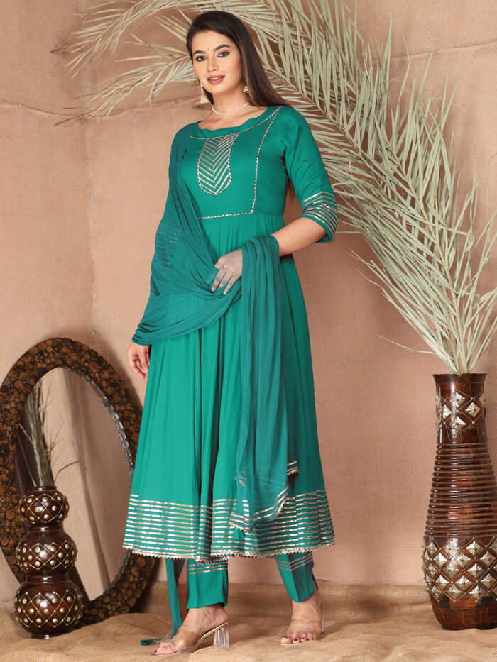 Turquoise Anarkali Rayon Kurta Pant Set with Chiffon Dupatta ?3 Piece Salwar Kameez-750076
