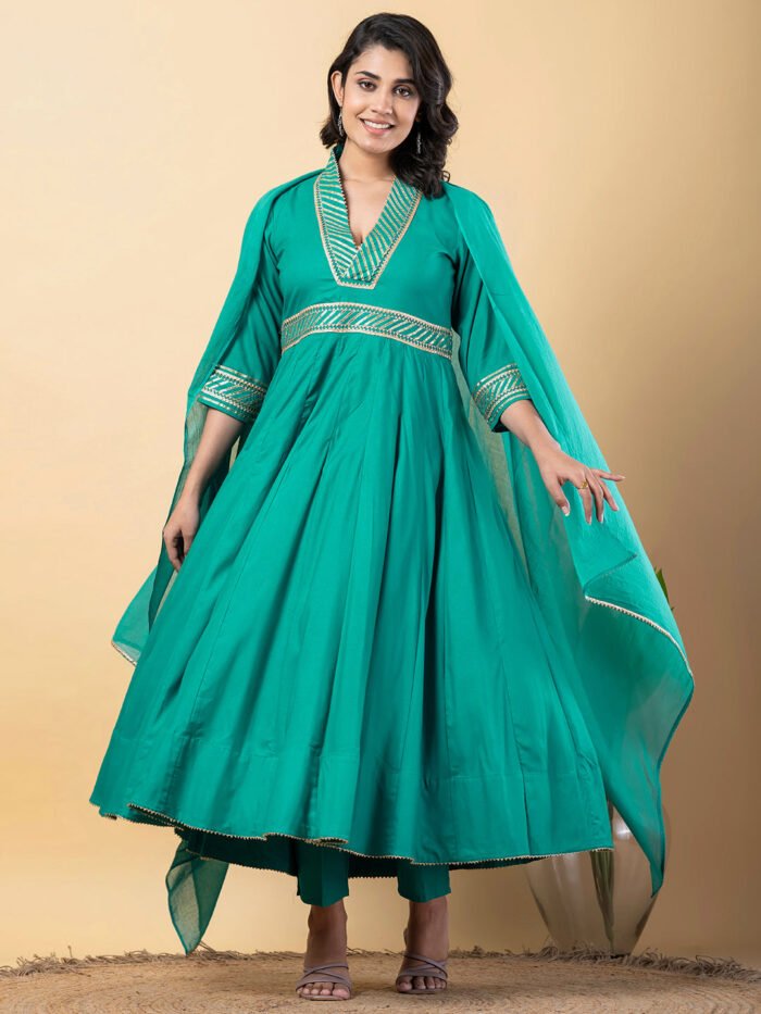turquoise Gota Patti Work Anarkali Premium Rayon Kurta Pant Set with Cotton Dupatta?3 Piece Salwar Kameez-750092