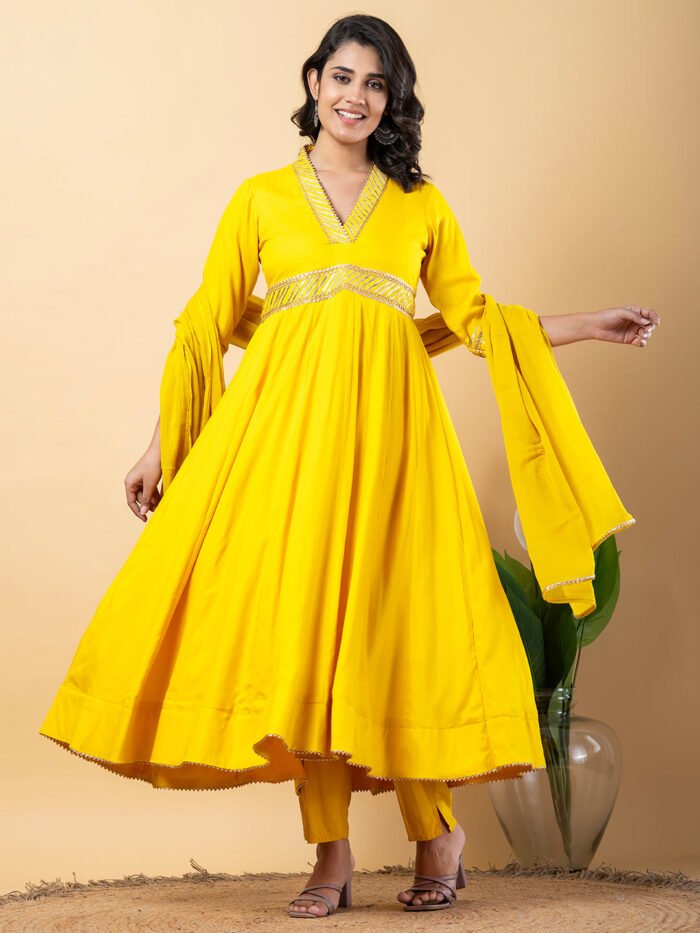 Yellow Gota Patti Work Anarkali Premium Rayon Kurta Pant Set with Cotton Dupatta?3 Piece Salwar Kameez-750093