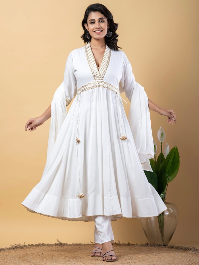 White Gota Patti Work Anarkali Premium Rayon Kurta Pant Set with Cotton Dupatta?3 Piece Salwar Kameez-750095