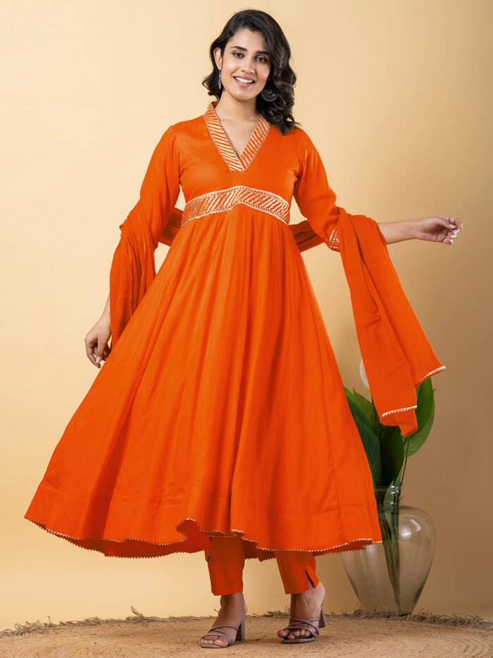 Orange Gota Patti Work Anarkali Premium Rayon Kurta Pant Set with Cotton Dupatta?3 Piece Salwar Kameez-750096