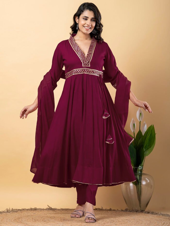 Purple Gota Patti Work Anarkali Premium Rayon Kurta Pant Set with Cotton Dupatta?3 Piece Salwar Kameez-750097