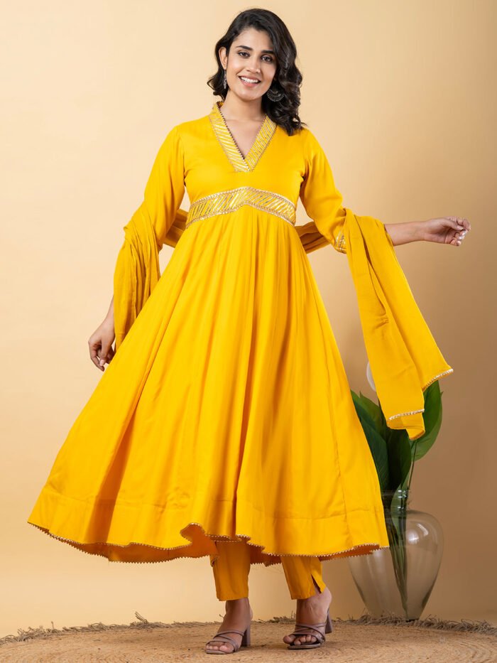Yellow Gota Patti Work Anarkali Premium Rayon Kurta Pant Set with Cotton Dupatta?3 Piece Salwar Kameez-750098