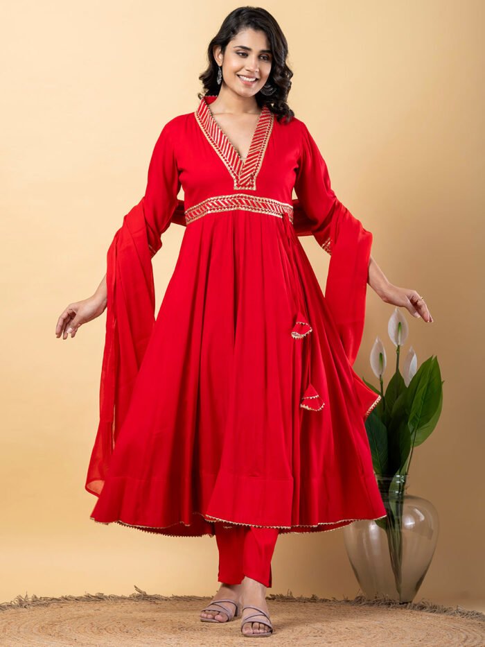 Red Gota Patti Work Anarkali Premium Rayon Kurta Pant Set with Cotton Dupatta?3 Piece Salwar Kameez-750099