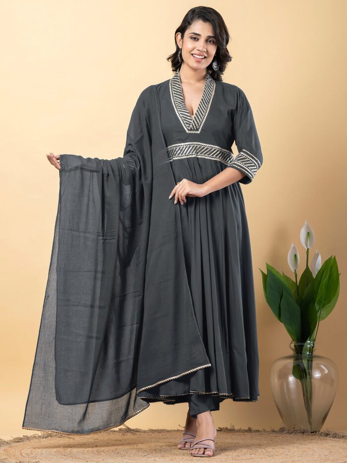 Grey Gota Patti Work Anarkali Premium Rayon Kurta Pant Set with Cotton Dupatta?3 Piece Salwar Kameez-750100