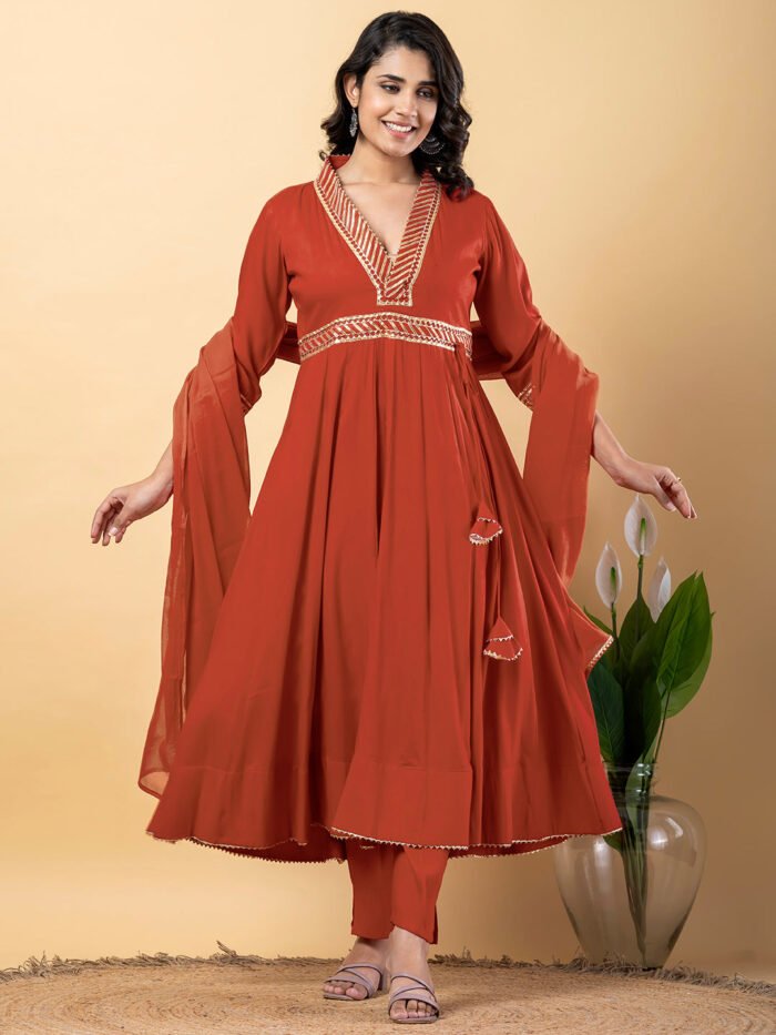 Light Brown Gota Patti Work Anarkali Premium Rayon Kurta Pant Set with Cotton Dupatta?3 Piece Salwar Kameez-750101