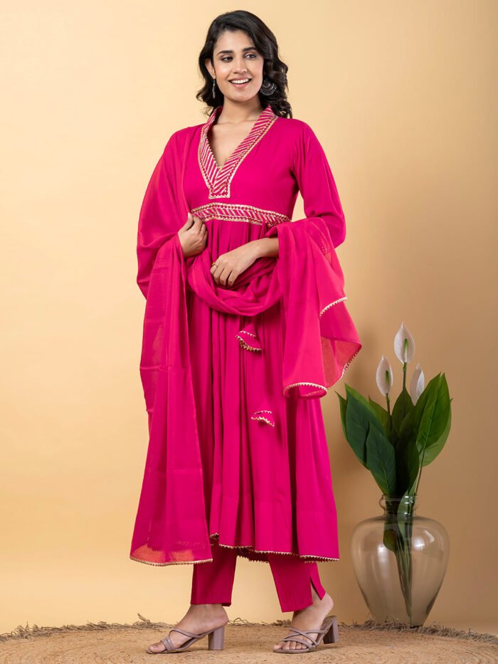 Pink Gota Patti Work Anarkali Premium Rayon Kurta Pant Set with Cotton Dupatta?3 Piece Salwar Kameez-750102