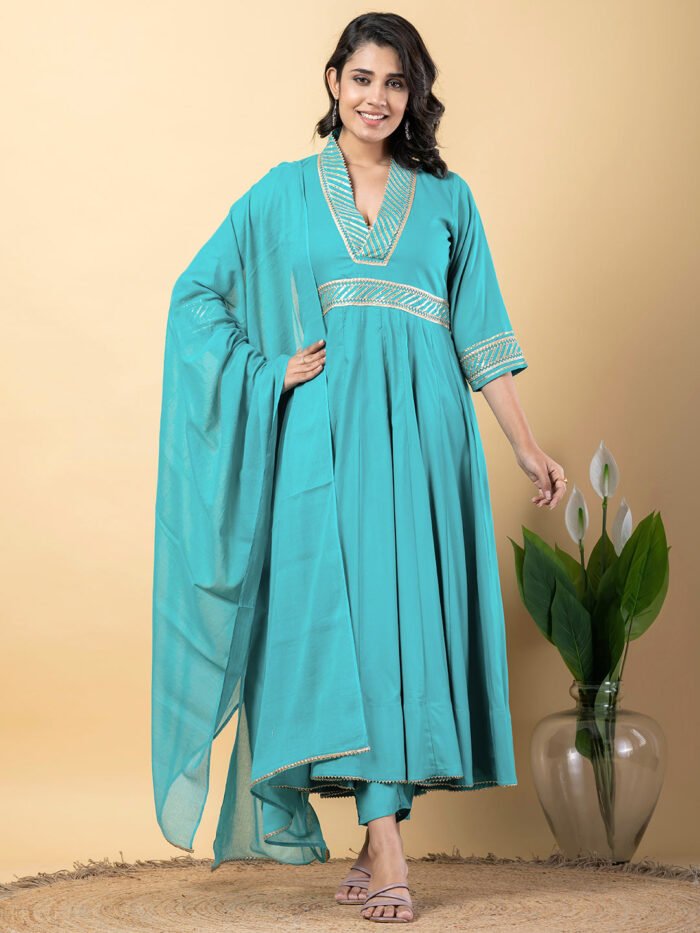 turquoise Gota Patti Work Anarkali Premium Rayon Kurta Pant Set with Cotton Dupatta?3 Piece Salwar Kameez-750103