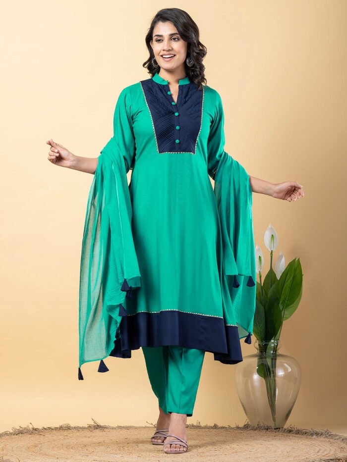 turquoise Gota Patti Work Premium Rayon Kurta Pant Set with Cotton Dupatta?3 Piece Salwar Kameez Suit Set-750104