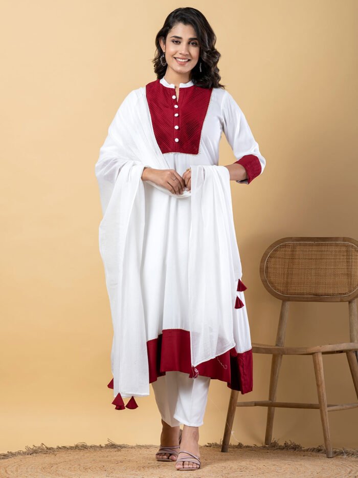 Red white Gota Patti Work Premium Rayon Kurta Pant Set with Cotton Dupatta?3 Piece Salwar Kameez Suit Set-750105
