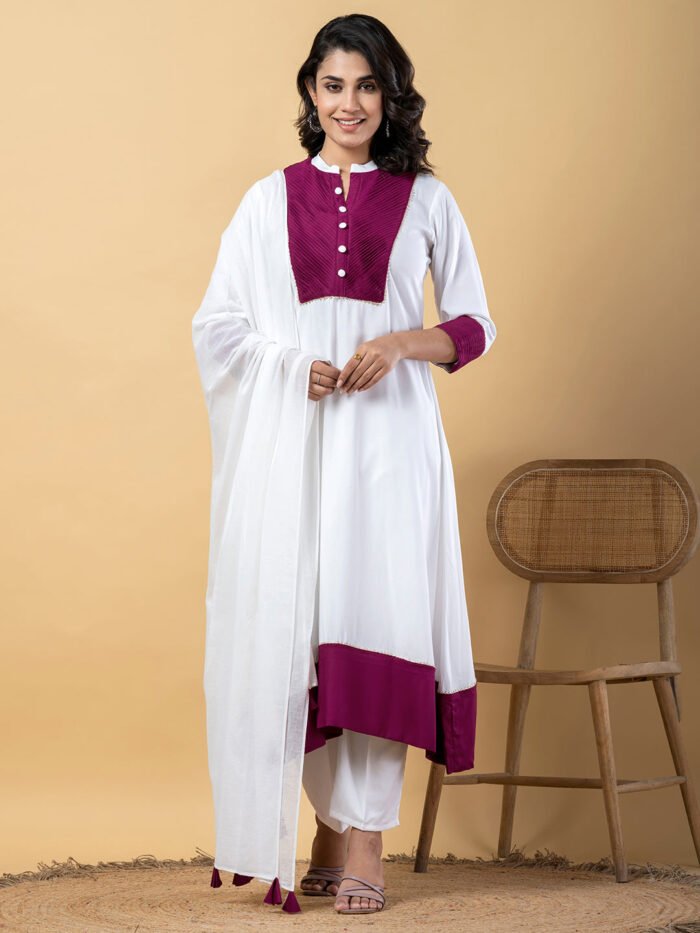 Purple white Gota Patti Work Premium Rayon Kurta Pant Set with Cotton Dupatta?3 Piece Salwar Kameez Suit Set-750107