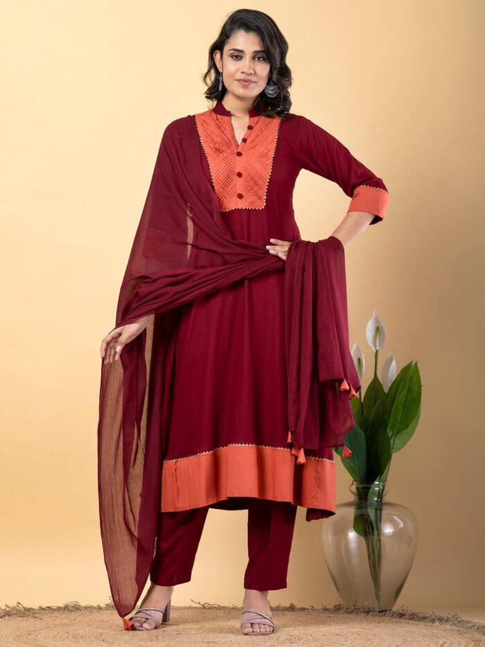 Maroon Gota Patti Work Premium Rayon Kurta Pant Set with Cotton Dupatta?3 Piece Salwar Kameez Suit Set-750108