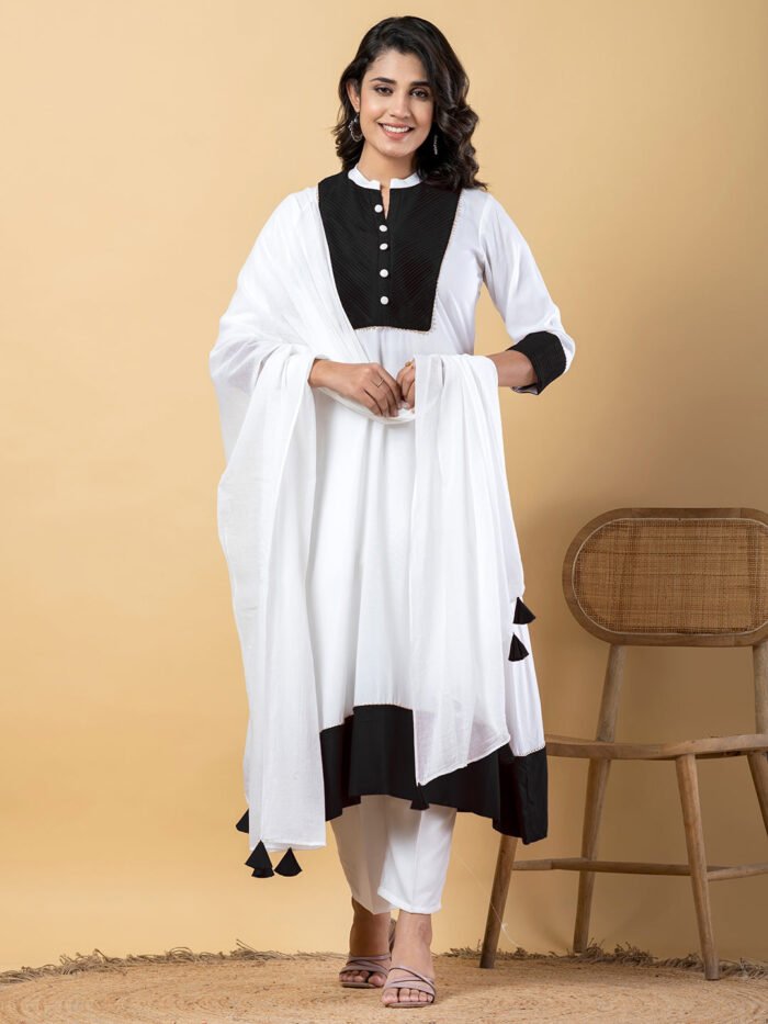 White Black Gota Patti Work Premium Rayon Kurta Pant Set with Cotton Dupatta?3 Piece Salwar Kameez Suit Set-750109