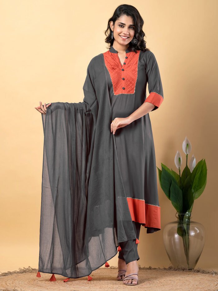 Grey Gota Patti Work Premium Rayon Kurta Pant Set with Cotton Dupatta?3 Piece Salwar Kameez Suit Set-750110