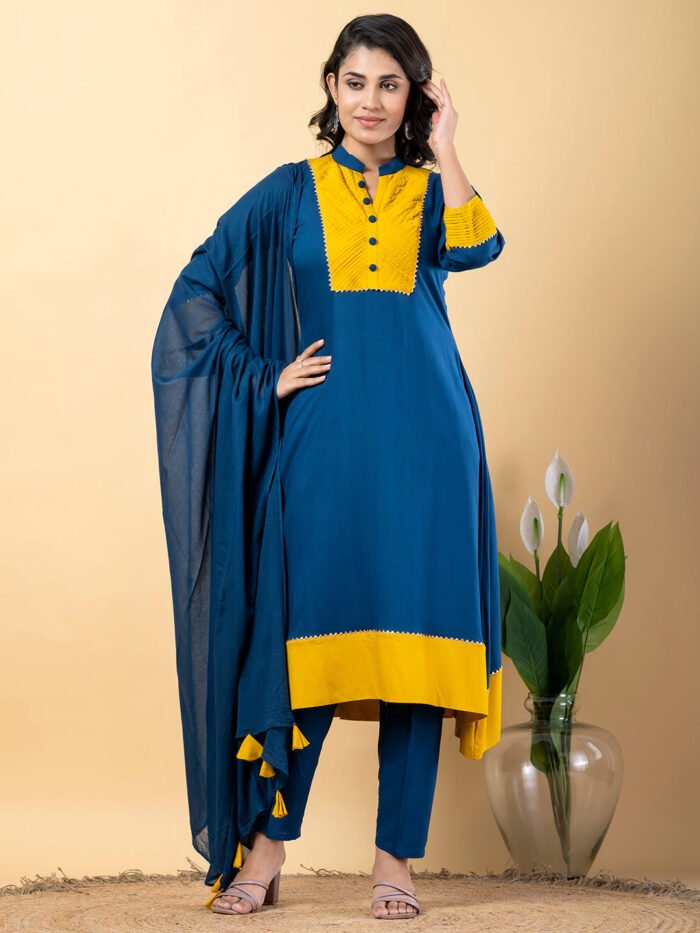 Blue yellow Gota Patti Work Premium Rayon Kurta Pant Set with Cotton Dupatta?3 Piece Salwar Kameez Suit Set-750111